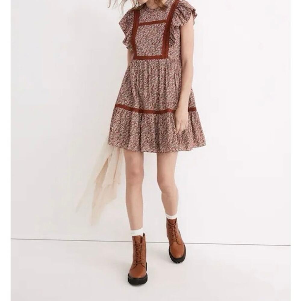 Madewell Floral Flutter Sleeve Mini Dress Women’s Medium Cottage Garden Brown